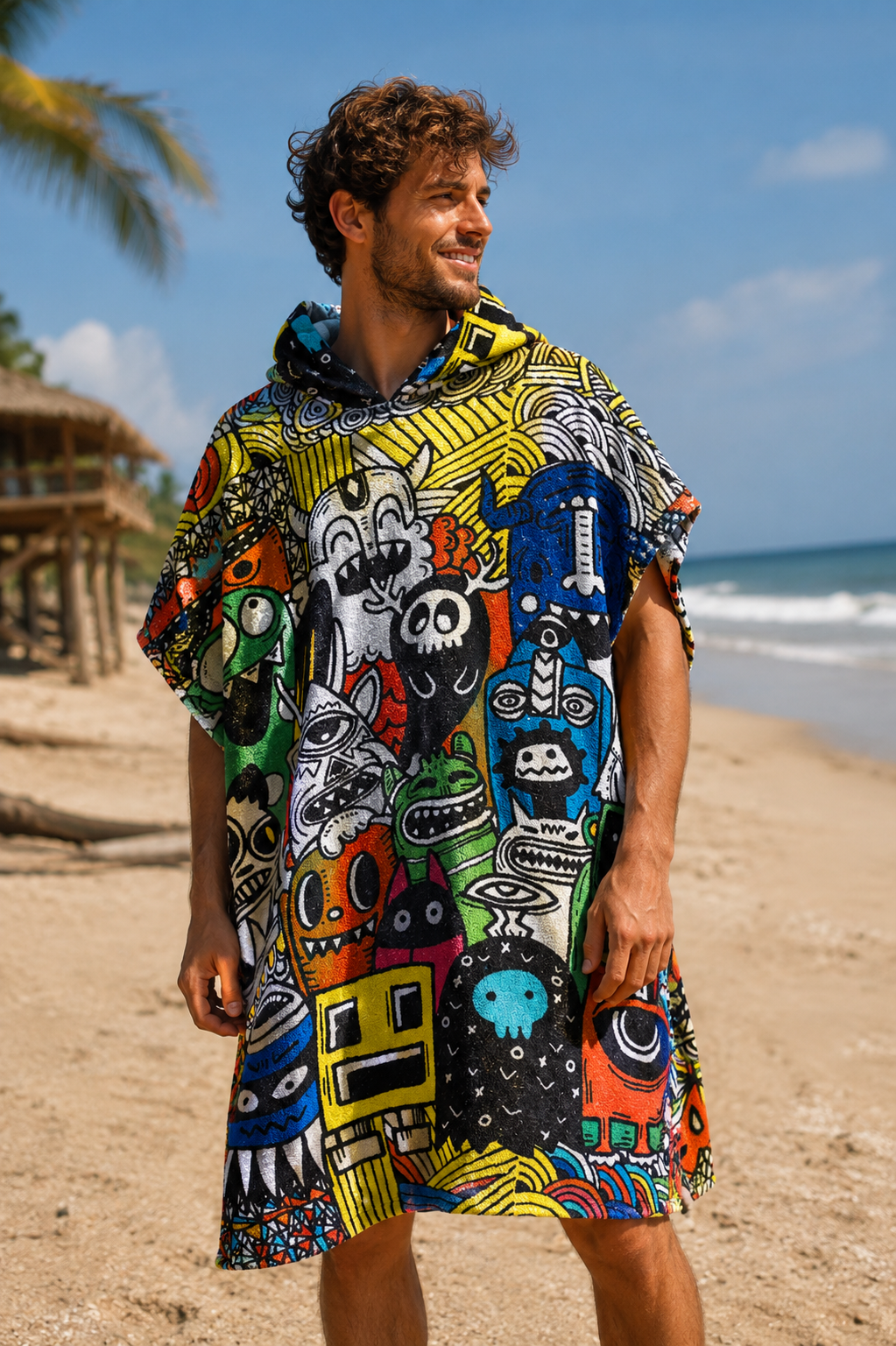 Adult Hooded Beach Poncho Towel – Graffiti Pattern Surf Poncho
